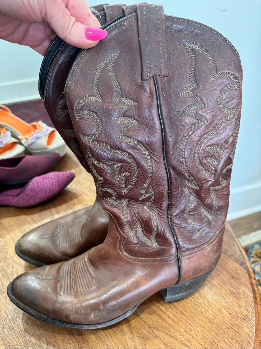 Tony Lama Brown Leather Cowboy Boots with Tan Stitching, Sz 10